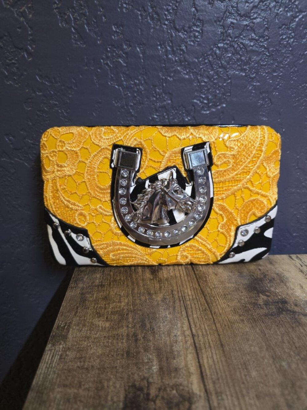 NEW Alyssa Western HORSE Wallet Yellow/Black Zebra Print & Lace Silver Horseshoe